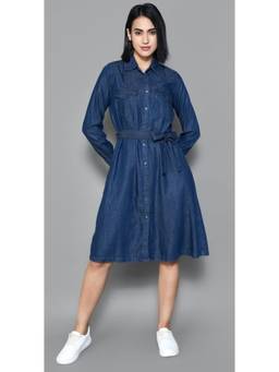 Tripursundari Fashion - Women’s Navy Blue Denim Shirt Dress, Button-Down Casual Midi Dress
