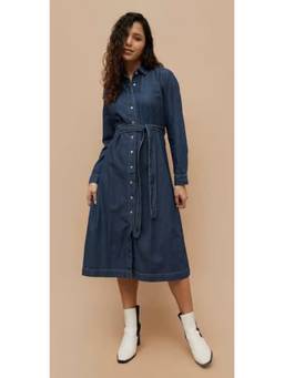 Tripursundari Fashion - Women’s Navy Blue Denim Shirt Button-Down Casual Midi Dress
