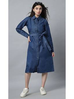 Tripursundari Fashion - Women’s Navy Blue Denim Shirt Dress, Button-Down Casual Midi Dress
