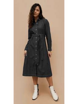 Tripursundari Fashion - Women’s Black Denim Shirt Casual Midi Dress