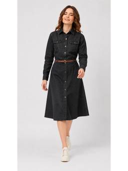 Tripursundari Fashion - Women’s Black Denim Shirt Dress, Button-Down Casual Midi Dress