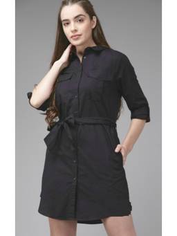 Tripursundari Fashion - Women’s Black Denim Shirt Dress, Button-Down Casual Mini Dress