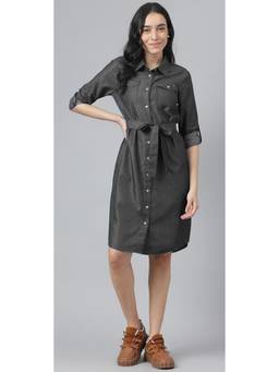 Tripursundari Fashion - Women’s Black Denim Shirt Casual Knee Length Dress
