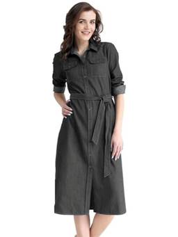 Tripursundari Fashion - Women’s Black Denim Shirt Dress, Button-Down Casual Midi Dress