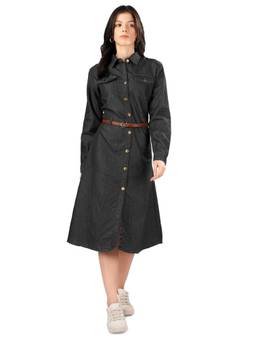 Tripursundari Fashion - Women’s Black Denim Shirt Casual Midi Dress