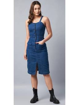 Tripursundari Fashion - Navy Blue Women’s Bodycon Denim Sleeveless Fitted Knee Length Dress