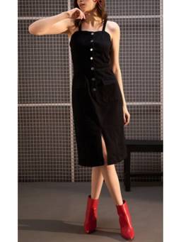 Tripursundari Fashion - Black Women’s Shoulder Strap Sleeveless Fitted Knee Length Dress