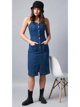 Tripursundari Fashion - Navy Blue Women’s Denim Bodycon Sleeveless Fitted Knee Length Dress