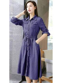 Tripursundari Fashion - Navy Blue Women’s Cotton Denim Shirt Collar Midi Dress