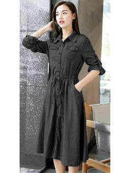 Tripursundari Fashion - Black Women’s Cotton Denim Shirt Collared Midi Dress