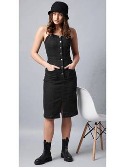 Tripursundari Fashion - Navy Blue Cotton Denim for Women, Button-Down Collar Midi Dress