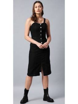 Tripursundari Fashion - Black Women’s Sleeveless Shoulder Strap Fitted Midi Dress