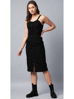 Tripursundari Fashion - Black Women’s Denim Shoulder Strap Sleeveless Fitted Midi Dress