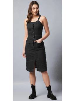 Tripursundari Fashion - Black Women’s Shoulder Strap Sleeveless Fitted Midi Dress