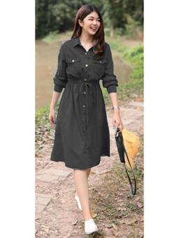 Tripursundari Fashion - Black Women’s Cotton Denim Shirt Midi Dress