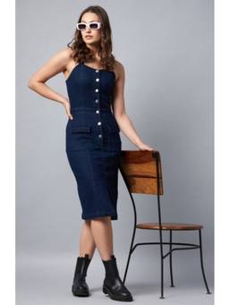 Tripursundari Fashion - Navy Blue Women’s Shoulder Strap Sleeveless Fitted Midi Dress