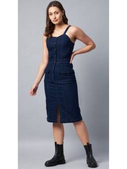 Tripursundari Fashion - Navy Blue Women’s Denim Sleeveless Shoulder Strap Fitted Midi Dress