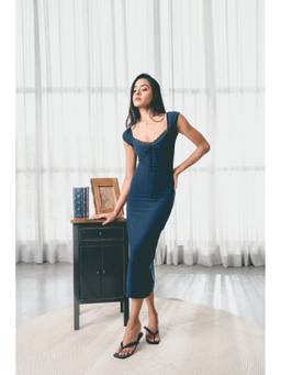 COLOR CAPITAL - Tie-Front Navy Blue Midi Dress