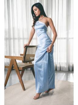 COLOR CAPITAL - Satin Halterneck Blue Maxi Dress