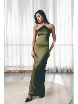 COLOR CAPITAL - Satin Halterneck Olive Maxi Dress