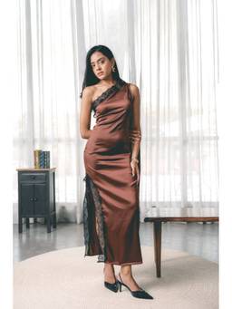 COLOR CAPITAL - Assymetric Draped Brown Maxi Dress