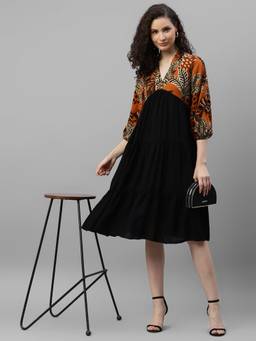 Deebaco - Tropical Printed Multicolor Women's Tiered Knee Length Dress