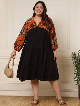 Deebaco - Tropical Printed With Black Women's Plus Size Tiered Knee Length Dress