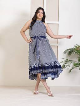 Deebaco - Blue Striped High Low Women Plus Size Maxi Dress