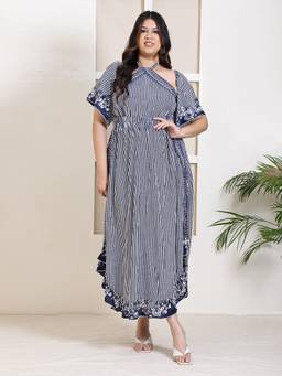Deebaco - Blue Striped Printed With Bell Sleeve High Slit Women Plus Size Midi Dress