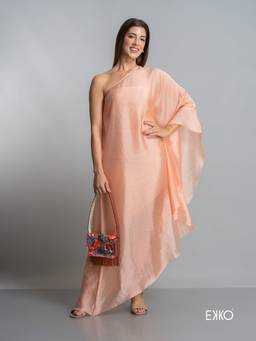 EKKO - Peach Viscose Blend Asymmetrical One-Shoulder Maxi Dress