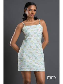 EKKO - Blue Nylon Blend Beaded Strappy Bodycon Mini Dress