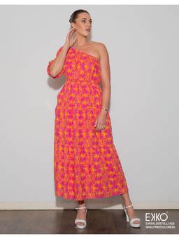 EKKO - Yellow Linen Blend Flare Fit One Shoulder Maxi Dress