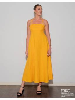 EKKO - Yellow Linen Blend Flare Fit Back Tie Detail Maxi Dress