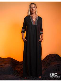 EKKO - Black Linen Blend Relaxed Fit Embroidery Detail Maxi Dress
