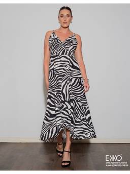 EKKO - Printed Linen Blend Flare Fit V Neck Asymmetrical Off White Maxi Dress