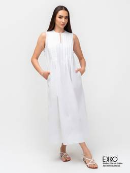 EKKO - White Linen Blend Relaxed Fit Pintuck Detail Maxi Dress