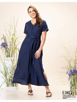 EKKO - Navy Blue Linen Relaxed Fit Batwing Sleeve Maxi Dress