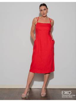EKKO - Red Linen Blend Fitted Cross Back Detail Midi Dress
