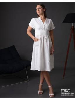 EKKO - Off White Linen Blend Flare Fit V Neck Gathered Detail Midi Dress