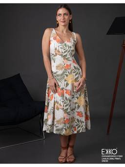EKKO - White Linen Blend Relaxed Fit Sleeveless Princess Line Midi Dress