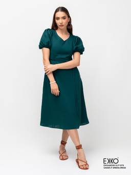EKKO - Green Linen Blend Flare Fit V Neckline Puffed Sleeve Midi Dress