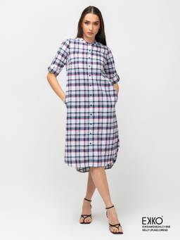 EKKO - Multicolor Linen Blend Relaxed Fit Belt Detail Midi Shirt Dress