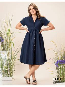 EKKO - Blue Linen Blend Flare Fit Turn-Up Sleeve Button Down Midi Dress