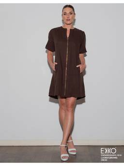 EKKO - Dark Brown Linen Blend Relaxed Fit Zipper detail shift mini dress