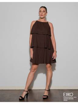 EKKO - Brown Linen Blend Relaxed Fit Halter Neck Ruffle Tiered Mini Dress