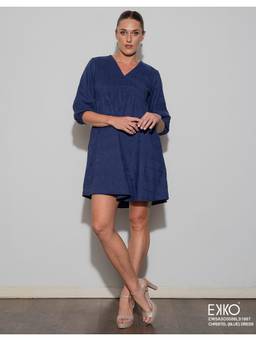EKKO - Blue Linen Blend Relaxed Fit Puffed sleeve A-Line Mini dress
