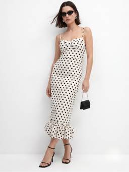 Outzidr - White Flounce Hem Polka Dot Midi Dress