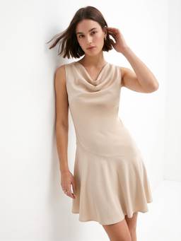 Outzidr - Beige Elevated Cowl Neck Mini Dress