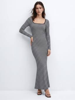 Outzidr - Navy Blue Striped Square Neck Bodycon Maxi Dress