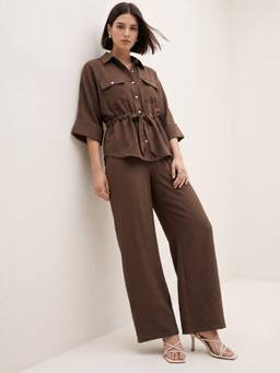 Outzidr - Brown Oversize Fit Textured Co-Ord Set